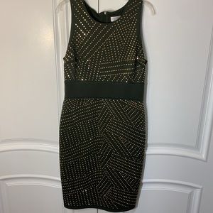 Olive green dress with gold accents